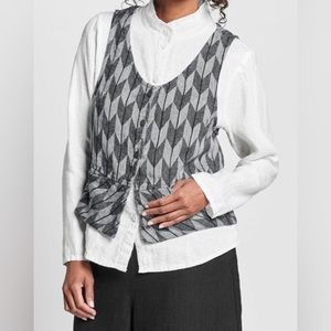 FLAX Linen Jaunty Button Down Pocket Gray Chevron Peplum Vest size Medium